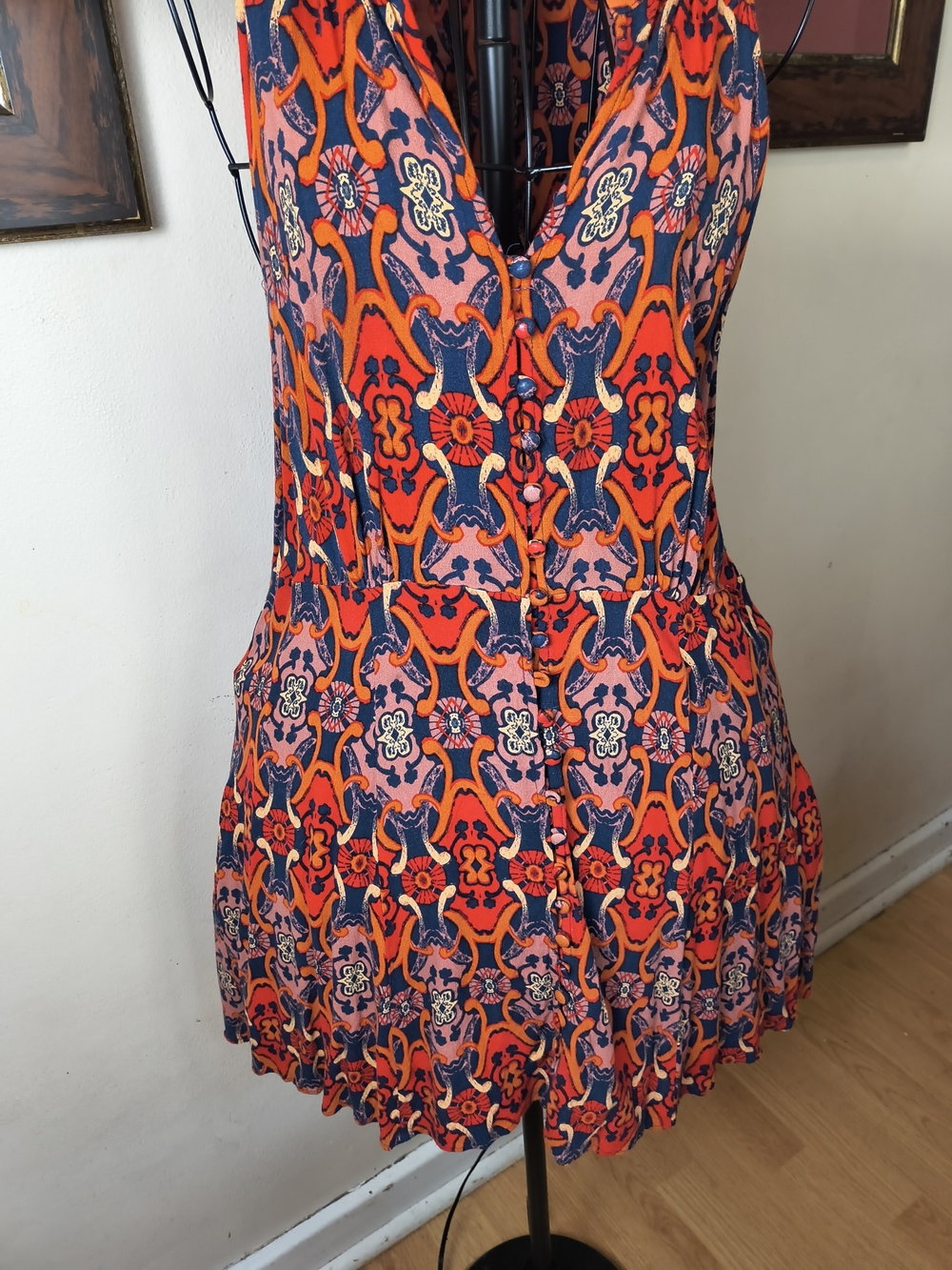 Button front red and blue boho sleeveless mini dress - Picture 5 of 11